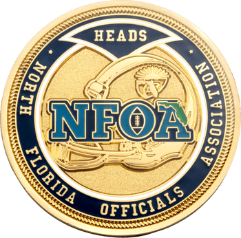 Gold challenge coin featuring North Florida Officials Association NFOA text with a football helmet and rope border.