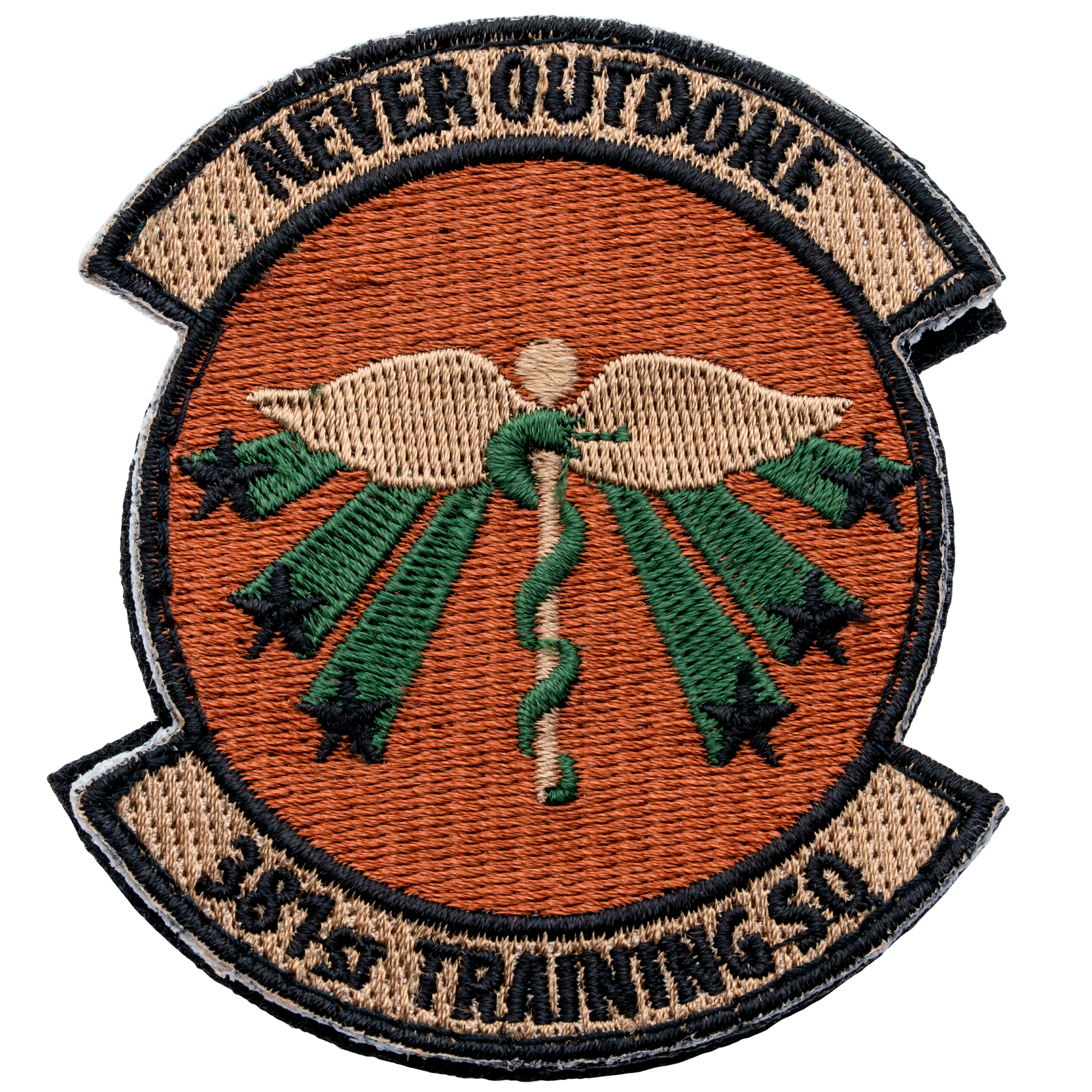 Embroidered 381st Training SQ patch with a central caduceus, green star rays, and an orange background.