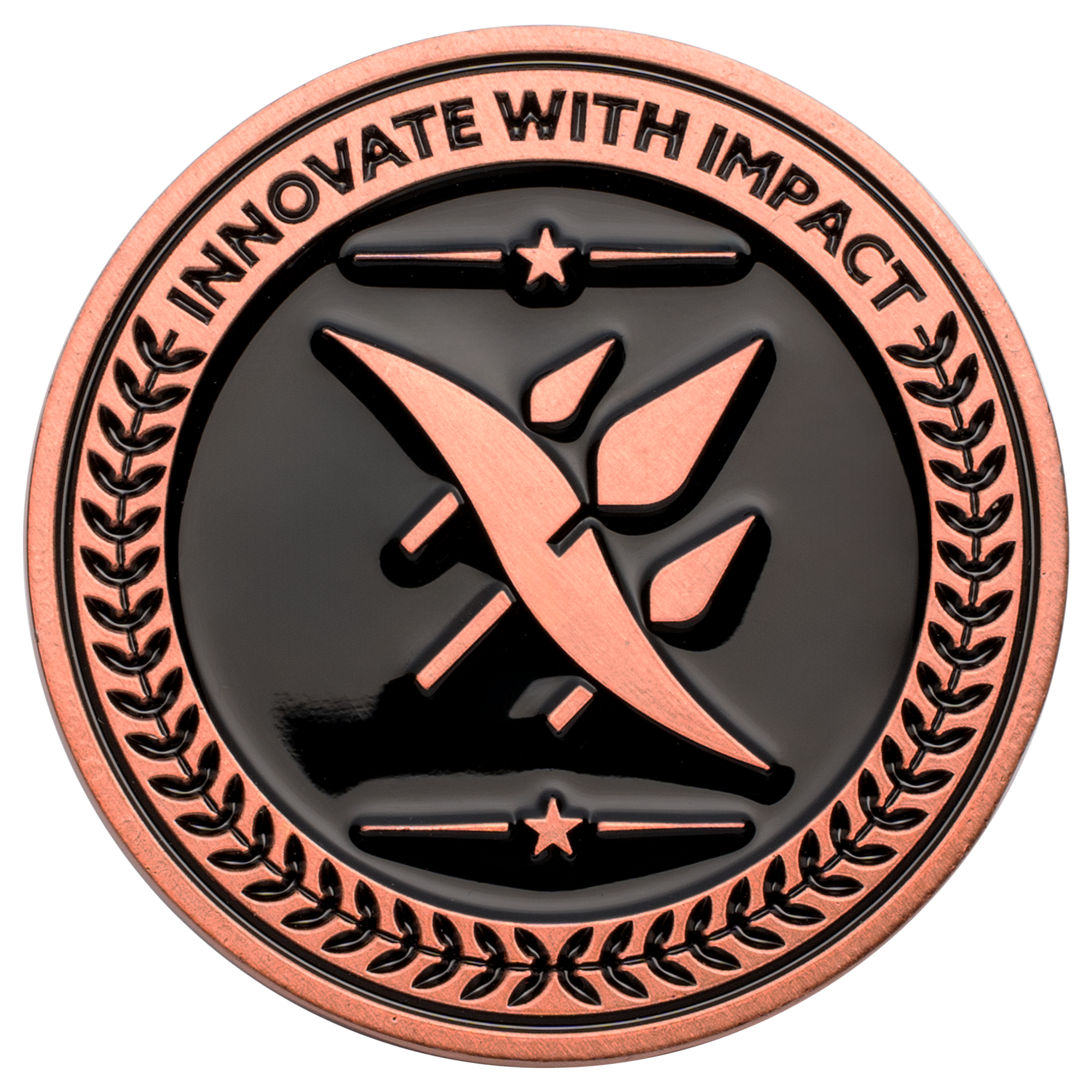Circular copper challenge coin with black enamel, featuring the text Innovate With Impact, stars, laurel wreath, and a central abstract wing emblem.