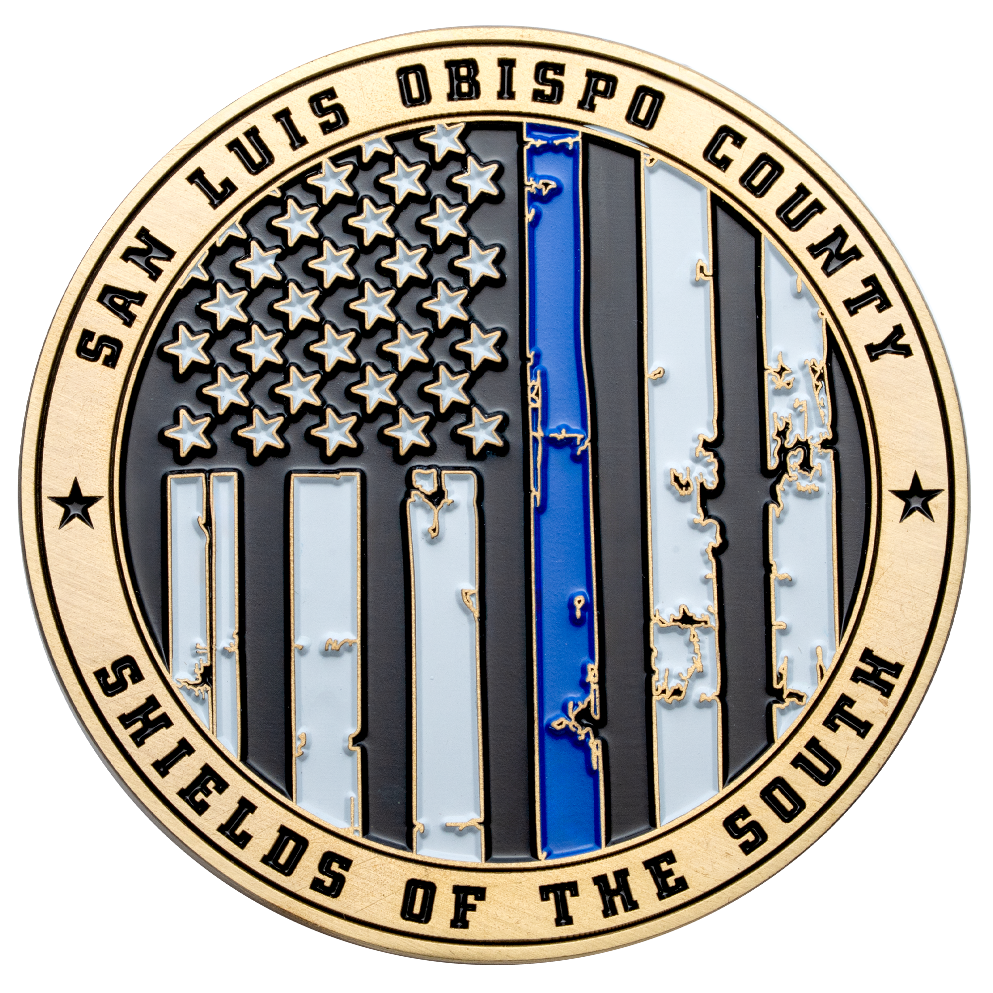 Gold challenge coin featuring a distressed thin blue line American flag design with San Luis Obispo County Shields of the South text.