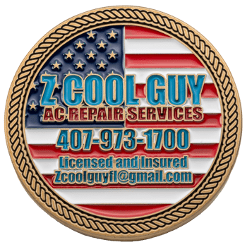 Circular challenge coin featuring Z Cool Guy AC Repair Services text over an American flag background with a rope border.