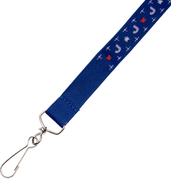 Royal blue woven lanyard featuring embroidered festive icons and a metal J-hook attachment.