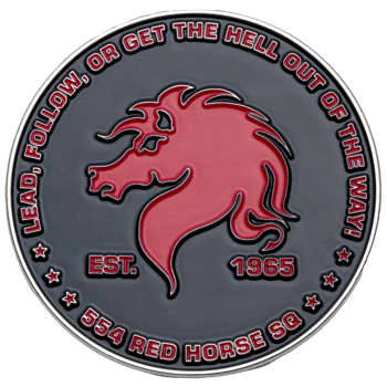 Round challenge coin featuring a red horse profile and '554 RED HORSE SQ' text on a black background.