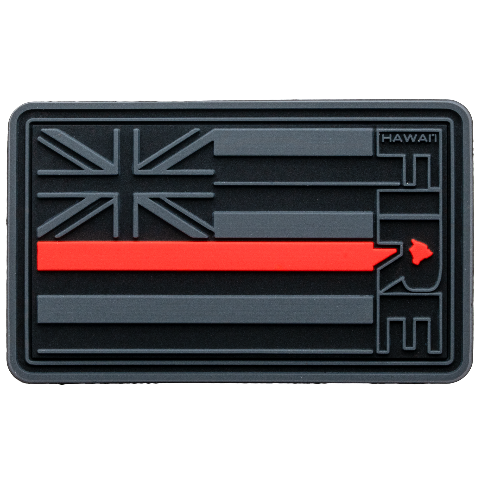 Rectangular PVC patch featuring a black and gray Hawaii state flag with a thin red line and the word FIRE.