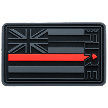 Rectangular PVC patch featuring a black and gray Hawaii state flag with a thin red line and the word FIRE.