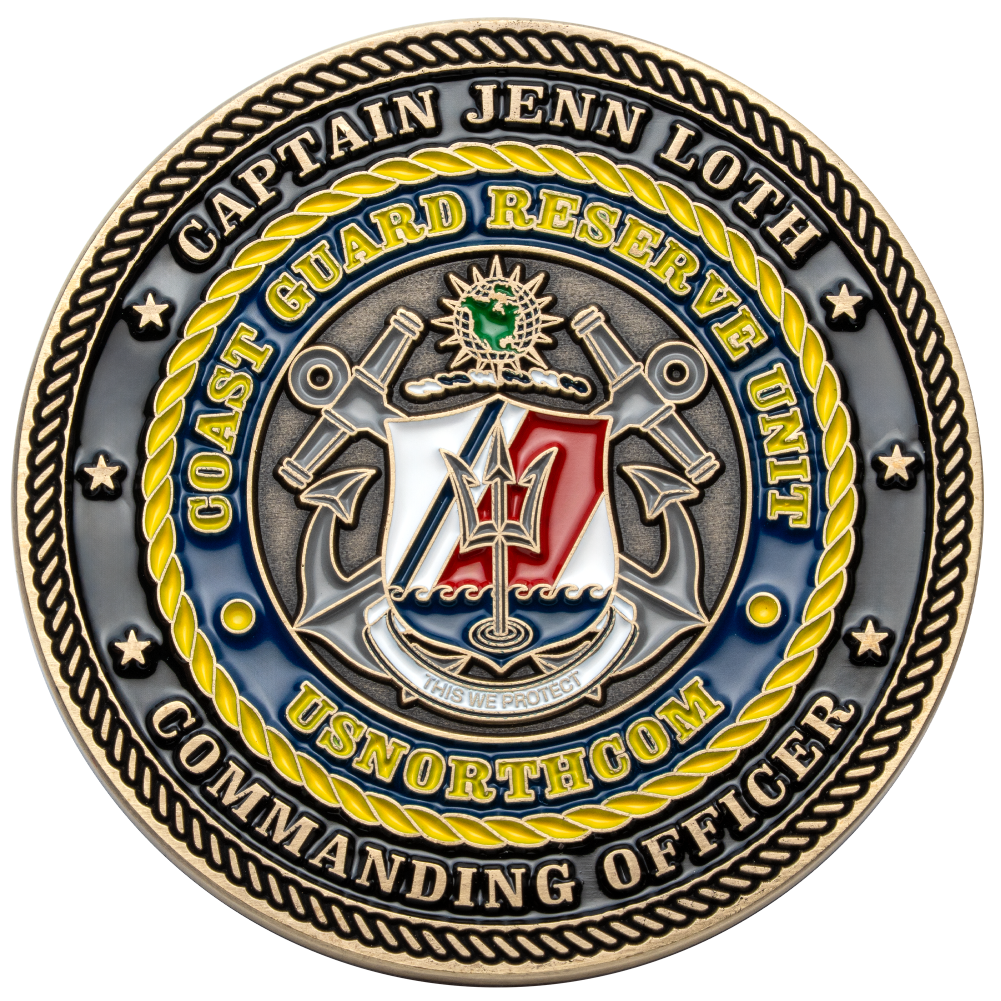 Coast Guard Reserve Unit challenge coin for Commanding Officer Captain Jenn Loth featuring USNORTHCOM insignia and anchors.