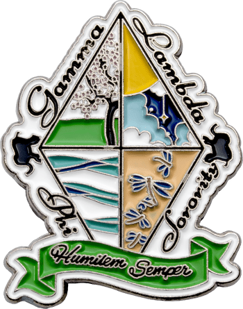 Enamel lapel pin featuring the crest of Gamma Phi Lambda Sorority with four illustrated quadrants and a green ribbon reading Humilem Semper.