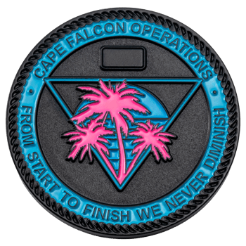 Circular black challenge coin for Cape Falcon Operations featuring pink palm trees inside a blue triangle with a textured rope edge.