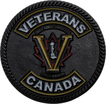 Veterans Canada challenge coin featuring a black textured background with rope edge, maple leaf, and battlefield cross emblem.