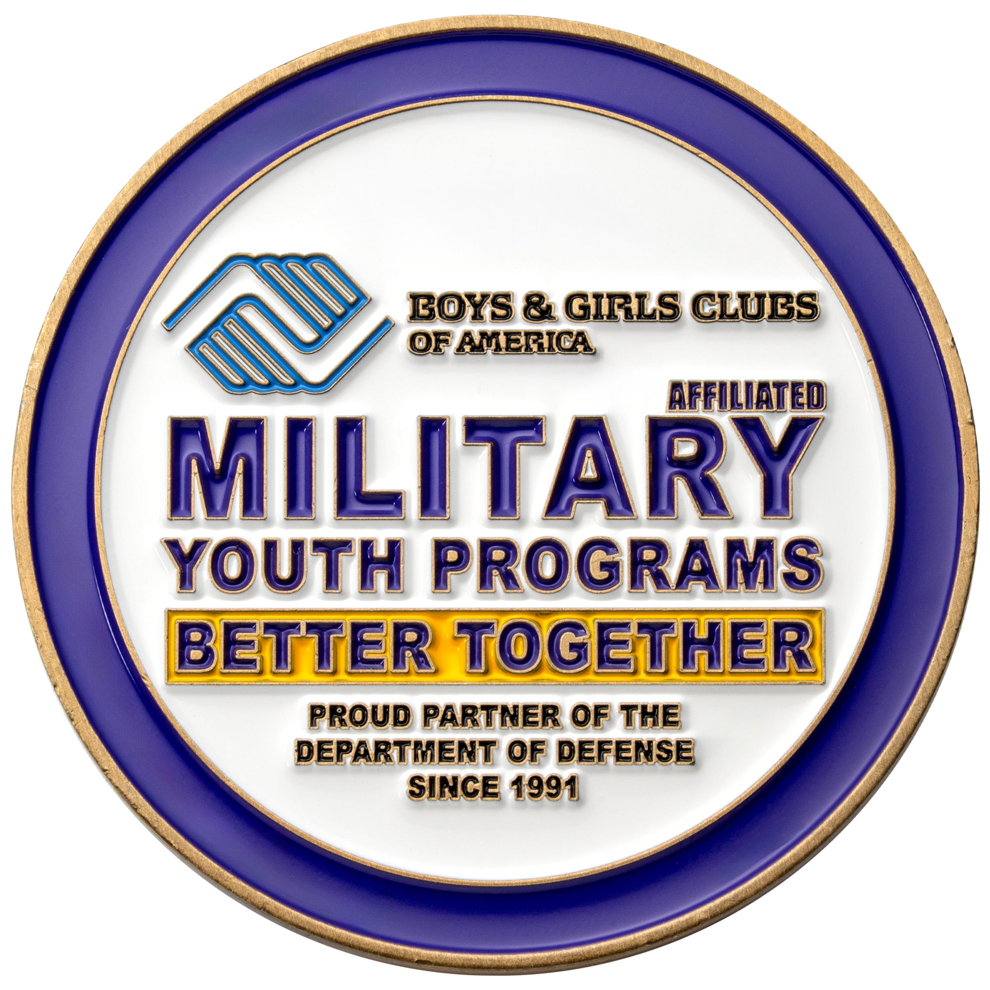 Circular challenge coin featuring the Boys & Girls Clubs of America logo and Military Youth Programs text in purple and gold on a white background.