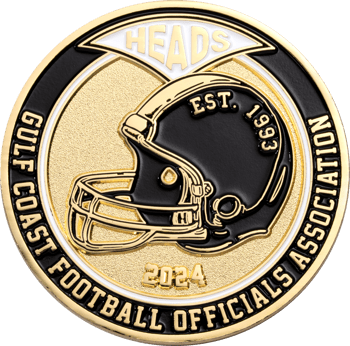 Gulf Coast Football Officials Association challenge coin featuring a football helmet, 'HEADS' text, and '2024'.