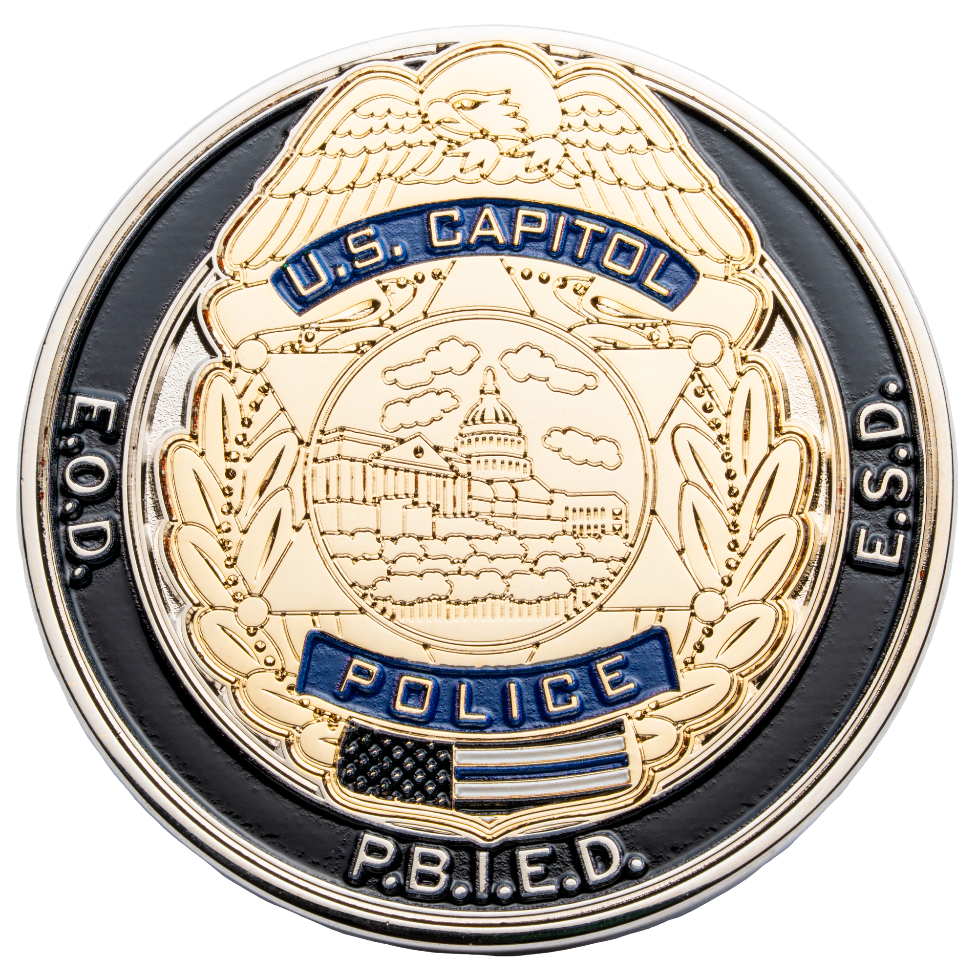 Gold and black U.S. Capitol Police challenge coin featuring an eagle, the Capitol building, and E.O.D. E.S.D. text.