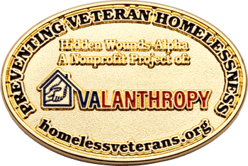 Gold oval challenge coin for Valanthropy featuring Preventing Veteran Homelessness lettering and a house logo.