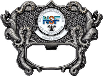 Antiqued silver octopus tentacle bottle opener challenge coin featuring the National Strike Force U.S. Coast Guard emblem and NSF logo.
