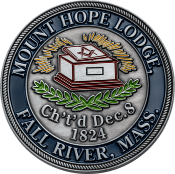 Antique silver Masonic challenge coin for Mount Hope Lodge Fall River, Mass., featuring an altar, square and compasses, and green laurels.