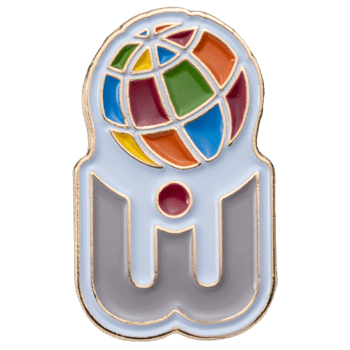 Custom lapel pin featuring a colorful globe above a grey and white stylized letter W design with gold metal plating.