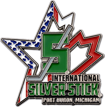 Enamel lapel pin for the International Silver Stick hockey tournament in Port Huron, Michigan, shaped like a star, maple leaf, and hockey stick.
