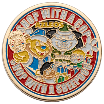 Gold-plated challenge coin featuring cartoon characters, AZLEOS text, and 'Shop With A Cop' and 'Shop With A Sheepdog' lettering in colorful enamel.
