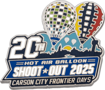 Enamel lapel pin for the 20th Hot Air Balloon Shoot-Out 2025 at Carson City Frontier Days, featuring two colorful hot air balloons and a mountain landscape.
