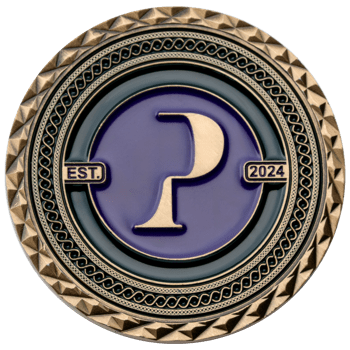 Antique bronze challenge coin with a raised gold letter P on a purple enamel background, featuring a diamond-cut edge and 2024 date.
