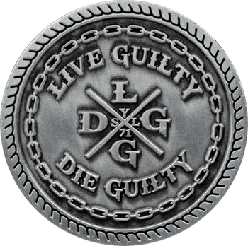 Antique silver challenge coin featuring Live Guilty Die Guilty text with crossed bats emblem and chain border.