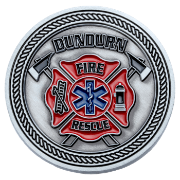 Dundurn Fire Rescue challenge coin with a red Maltese cross, blue Star of Life, and crossed axes on an antiqued silver rope edge background.