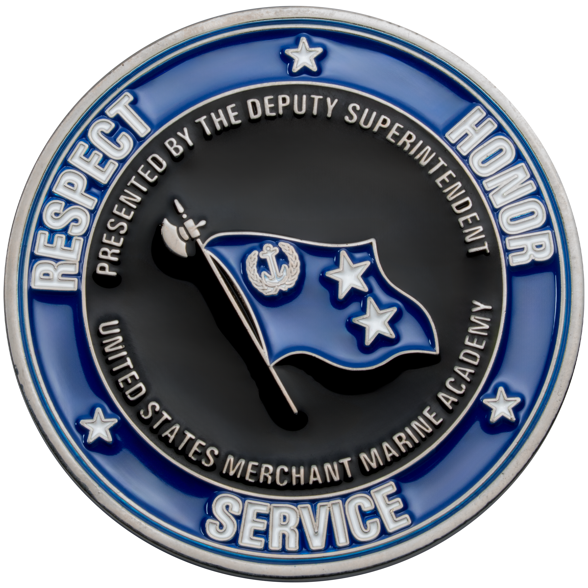 Circular challenge coin featuring a blue flag with anchor and stars, surrounded by blue and black enamel with academy text and values.
