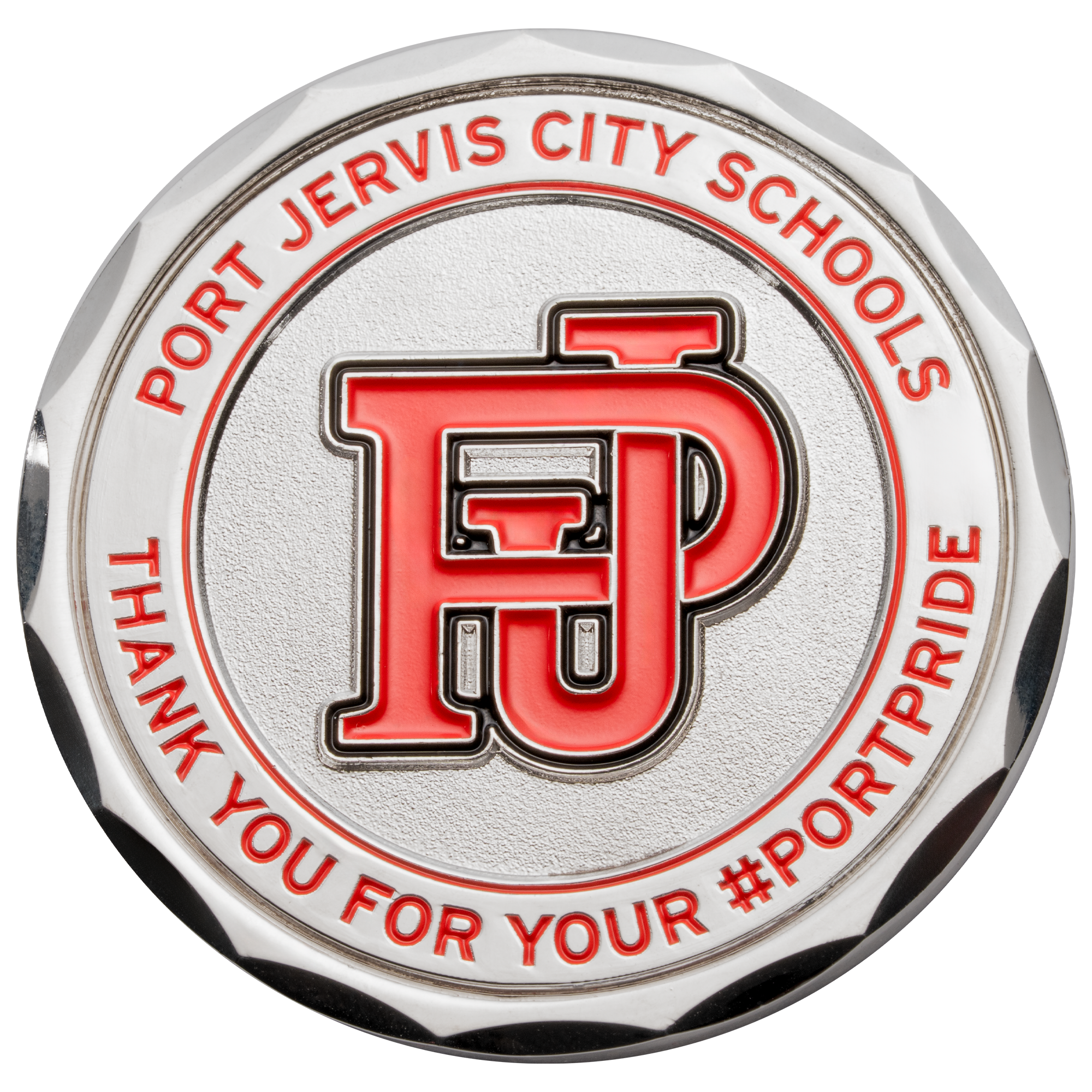 Silver challenge coin with red enamel PJ logo and Port Jervis City Schools text.