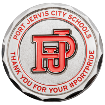 Silver challenge coin with red enamel PJ logo and Port Jervis City Schools text.