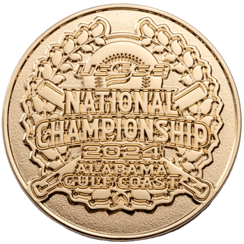 Gold USSSA National Championship 2024 Alabama Gulf Coast challenge coin with laurel wreath and crossed baseball bats.