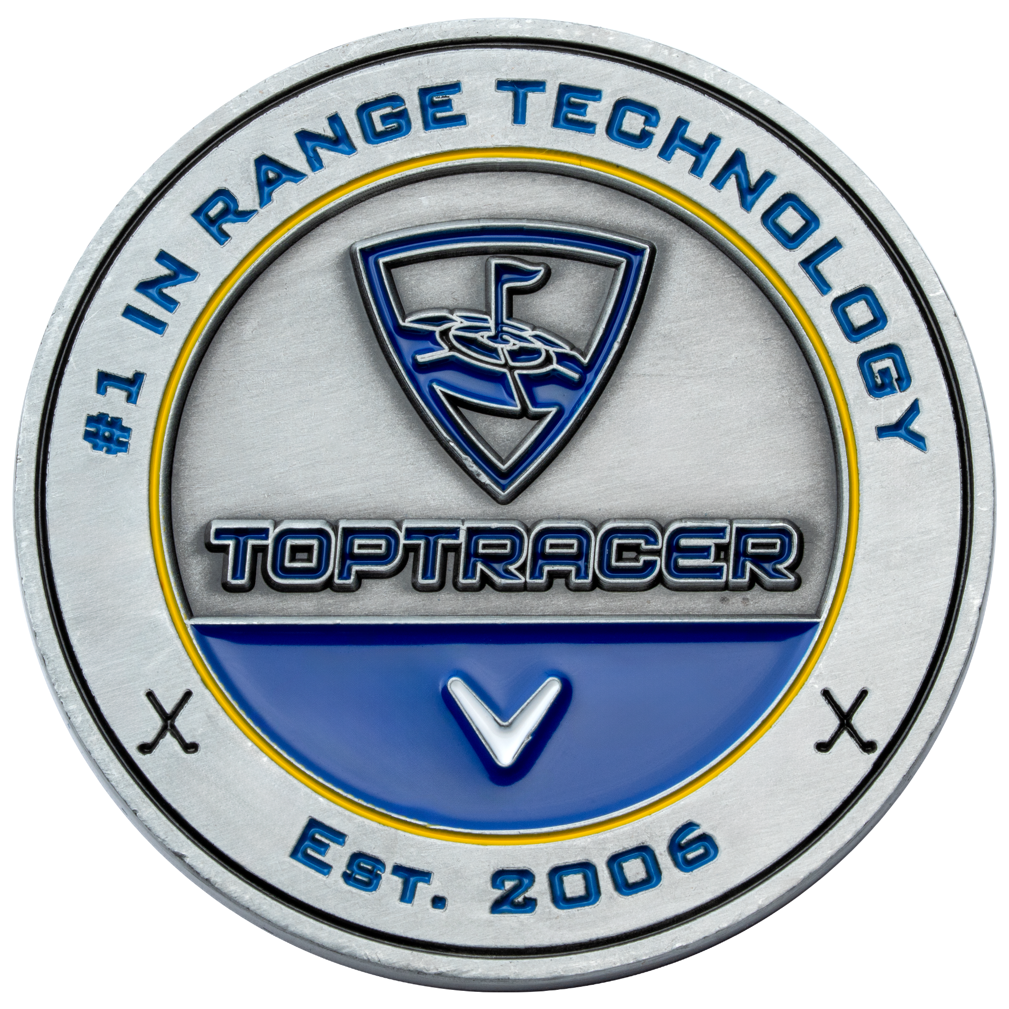 Antiqued silver Toptracer challenge coin with blue and yellow enamel accents, featuring the Toptracer logo and Est. 2006 text.