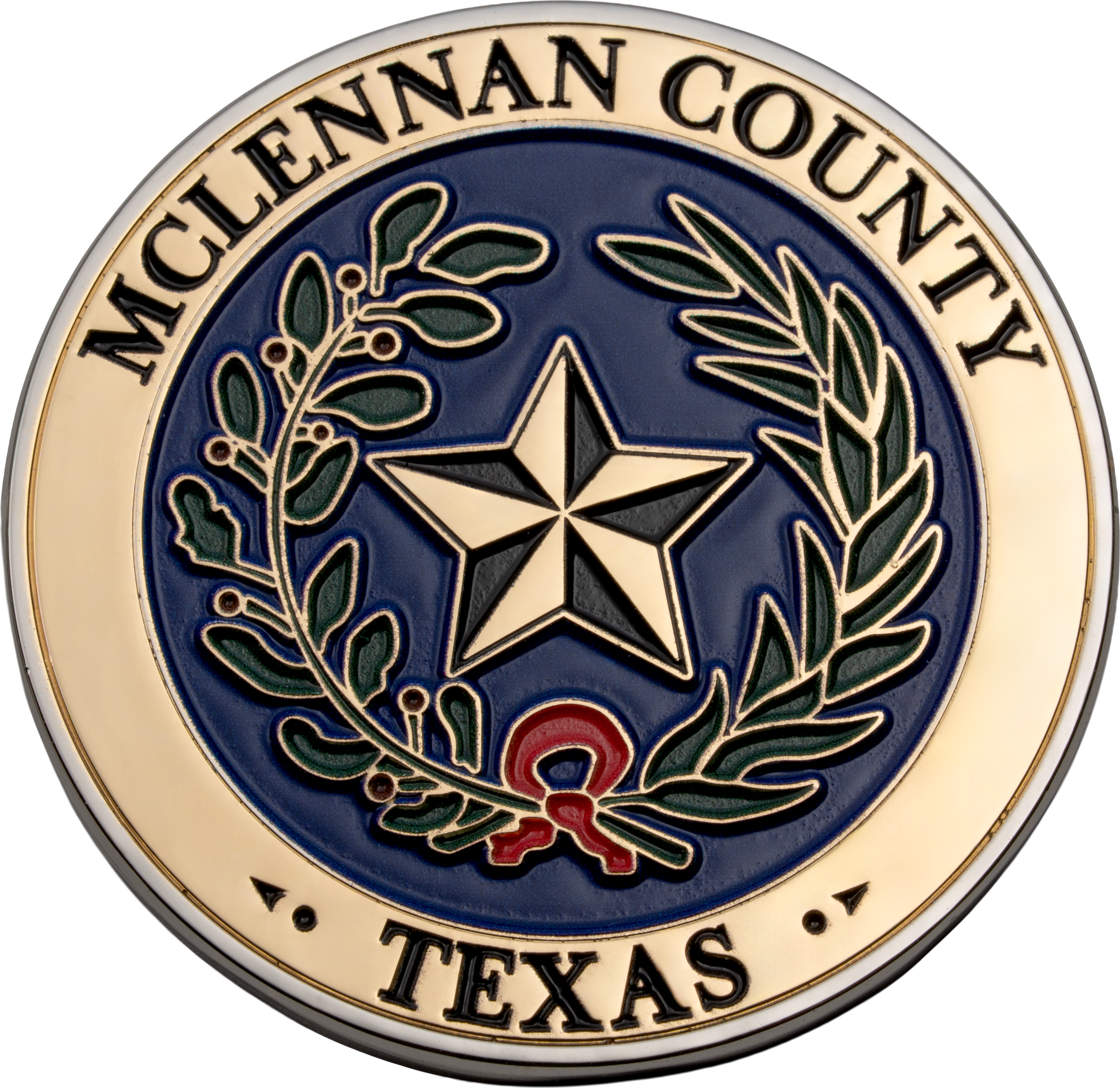 McLennan County Texas challenge coin featuring a central gold star, olive and oak branches, and a red ribbon on a blue background.