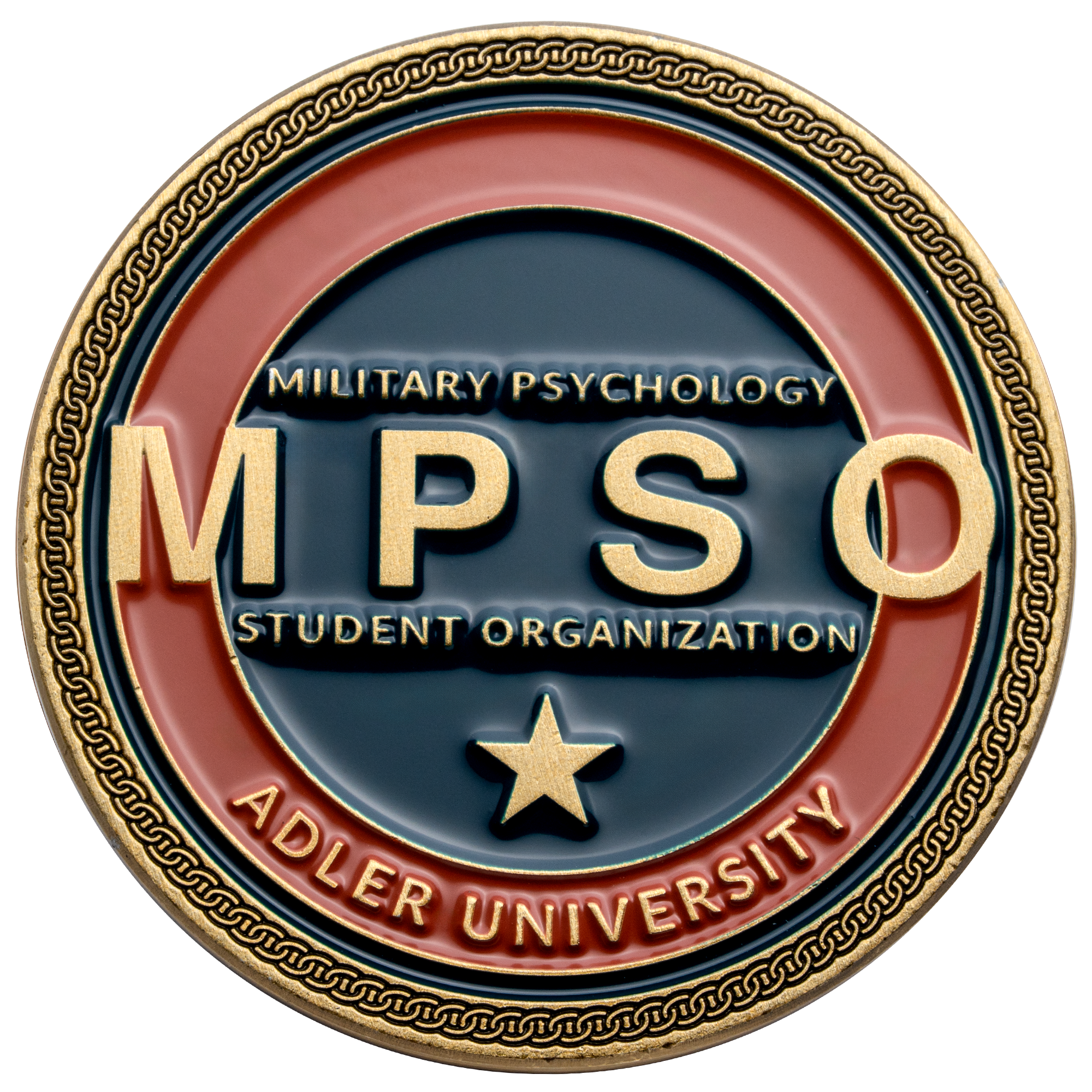 Circular challenge coin for the Military Psychology Student Organization at Adler University with gold lettering, a star emblem, and a chain-link border.