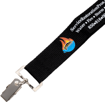 Black custom lanyard with metal alligator clip and printed Service Restoration Pros logo and text.