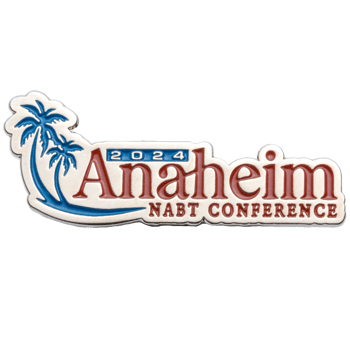 Enamel lapel pin for the 2024 Anaheim NABT Conference featuring blue palm trees and red lettering on a white background.