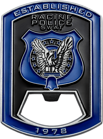 Racine Police SWAT bottle opener challenge coin with eagle emblem and established 1978 text in silver and blue enamel.