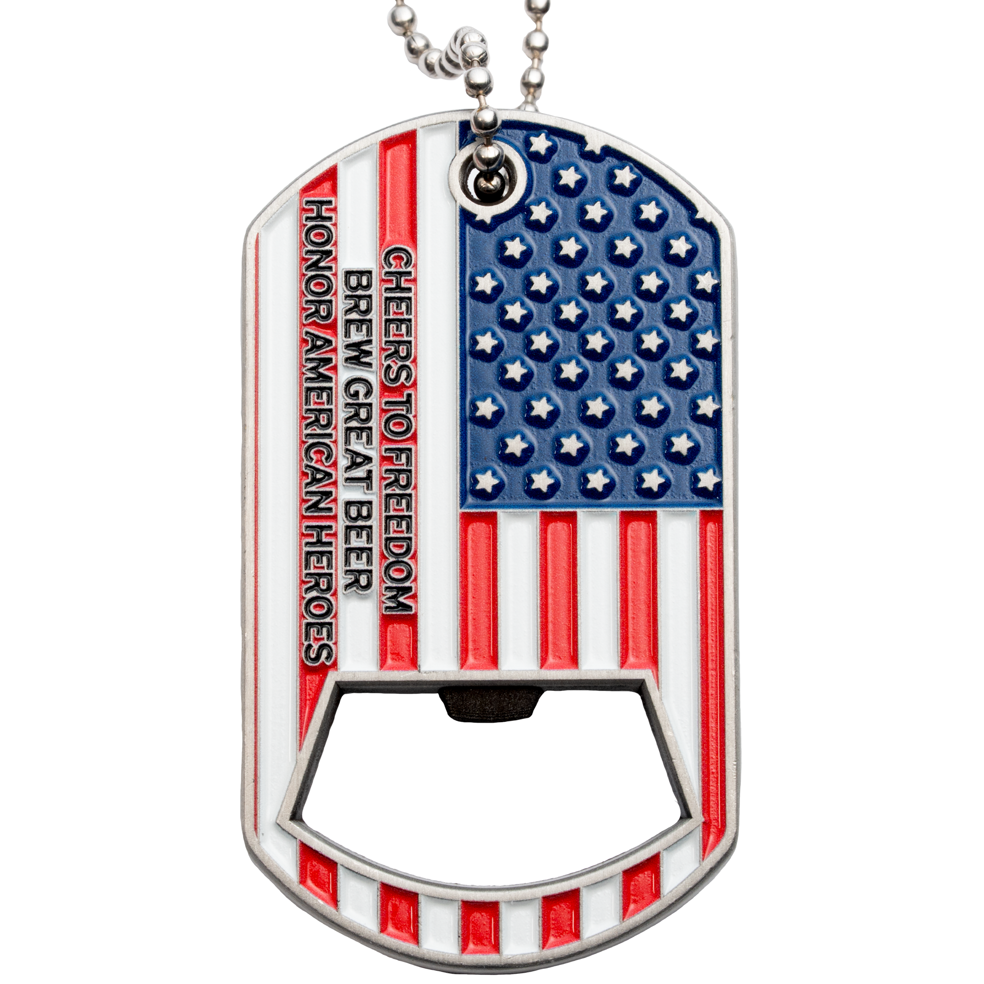 American flag themed dog tag bottle opener with stars, stripes, and text reading Honor American Heroes.