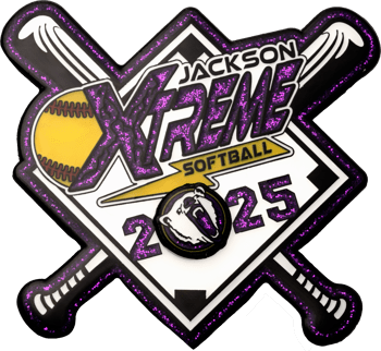 Custom lapel pin for Jackson Xtreme 2025 softball featuring purple glitter, a polar bear, crossed bats, and a yellow softball on a diamond background.