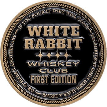 Antique brass challenge coin for White Rabbit Whiskey Club First Edition with black enamel.
