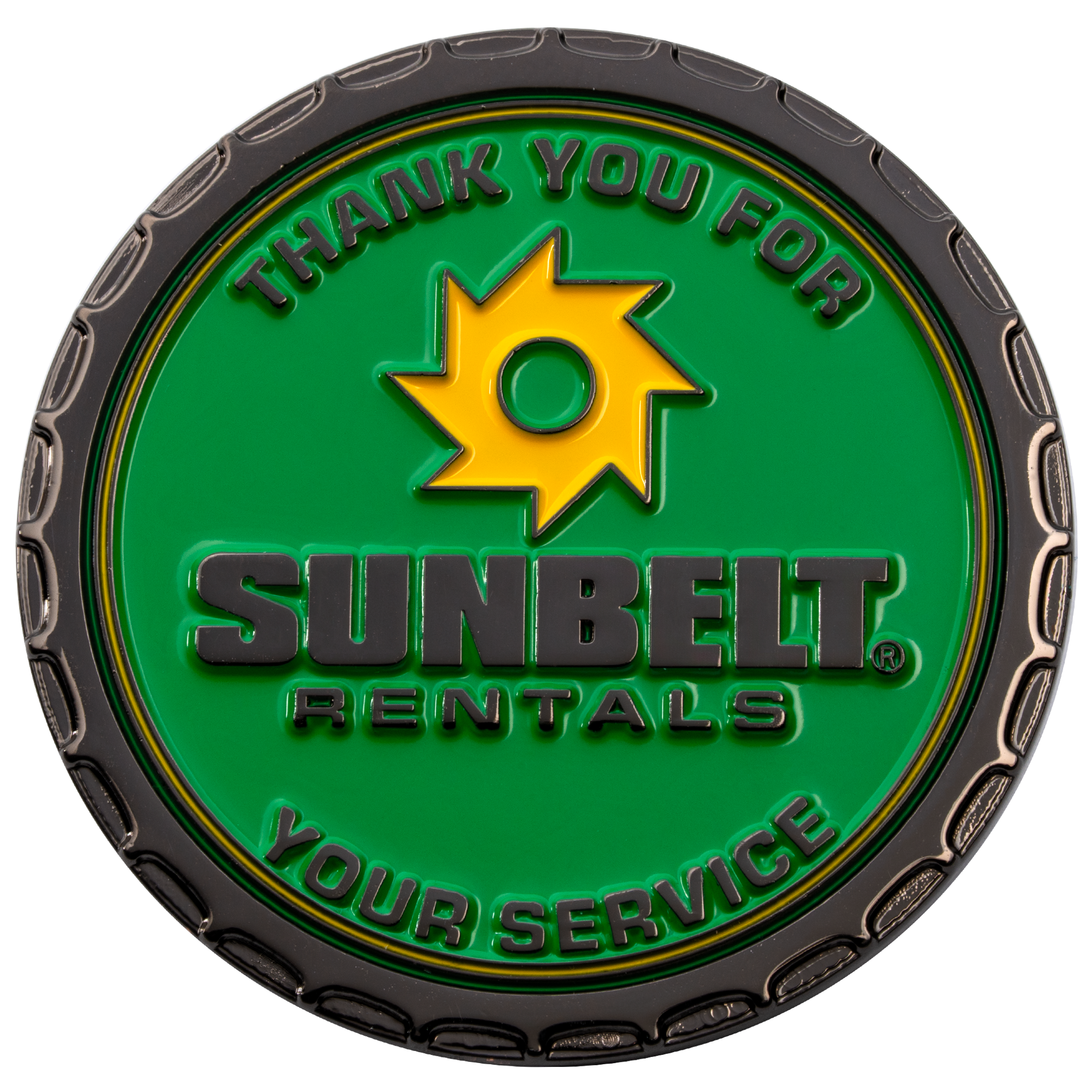 Green and black Sunbelt Rentals challenge coin featuring a yellow saw blade logo and text reading Thank You For Your Service.