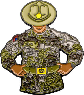 Custom cut-out lapel pin depicting a U.S. Army drill sergeant in camouflage uniform with the name tape Murillo.