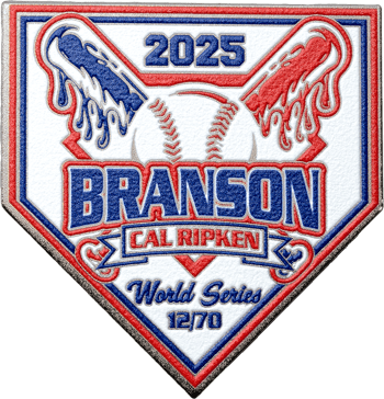 Home plate shaped baseball trading pin featuring Branson Cal Ripken World Series 2025 text, dual dripping bats, and a baseball in red, white, and blue.