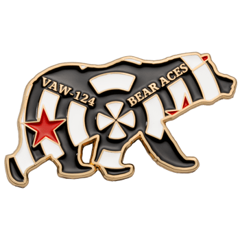 Bear shaped challenge coin with black and white stripes, a red star, and gold lettering reading VAW-124 Bear Aces.