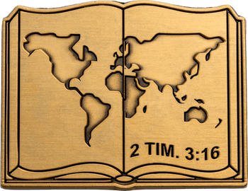 Antique brass challenge coin shaped like an open book featuring an engraved world map and the scripture reference 2 Tim. 3:16.