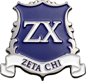 Zeta Chi ZX crest lapel pin featuring a blue enamel shield with silver filigree edges and a white banner.