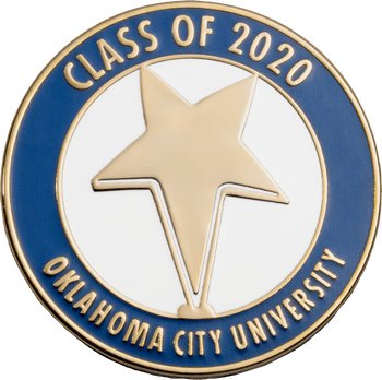 Oklahoma City University Class of 2020 challenge coin with a gold star emblem and blue outer ring.