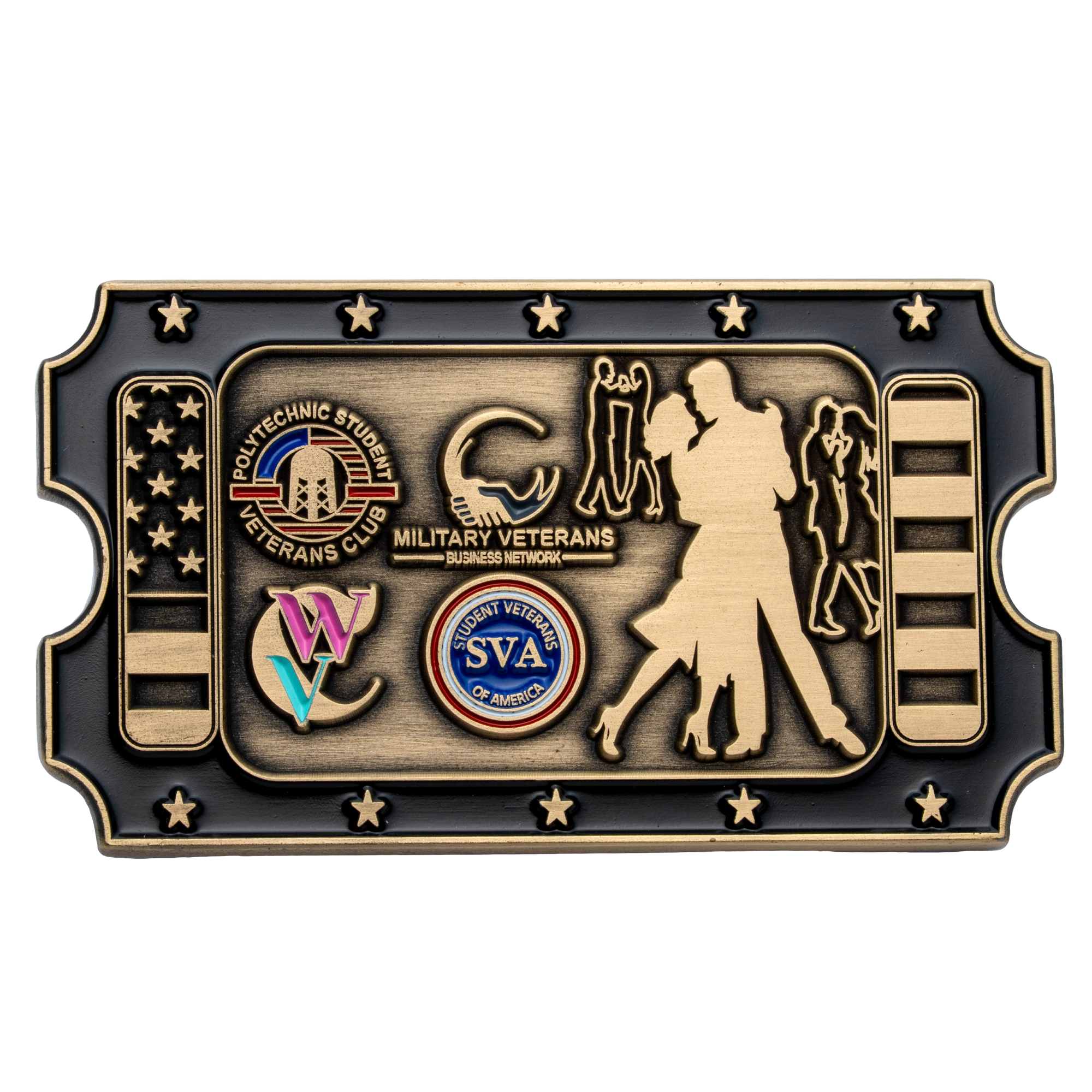 Rectangular ticket-shaped challenge coin featuring veterans organization logos and silhouettes of dancing couples in an antiqued gold finish.