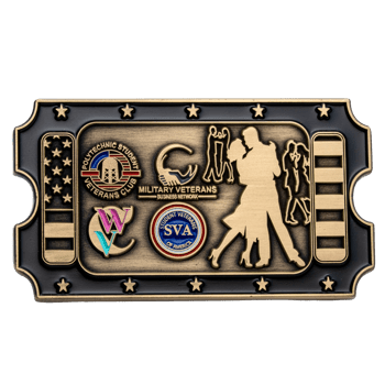 Rectangular ticket-shaped challenge coin featuring veterans organization logos and silhouettes of dancing couples in an antiqued gold finish.