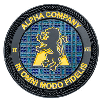 Alpha Company challenge coin featuring a black lion rampant over a yellow triangle and blue tartan pattern with a rope border.