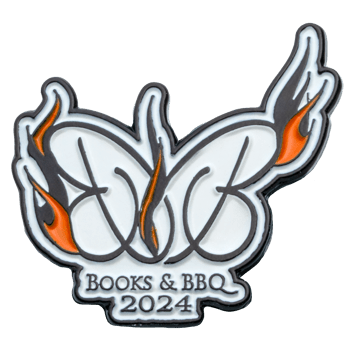 Enamel lapel pin for Books & BBQ 2024 featuring white cursive letters and orange flame accents.